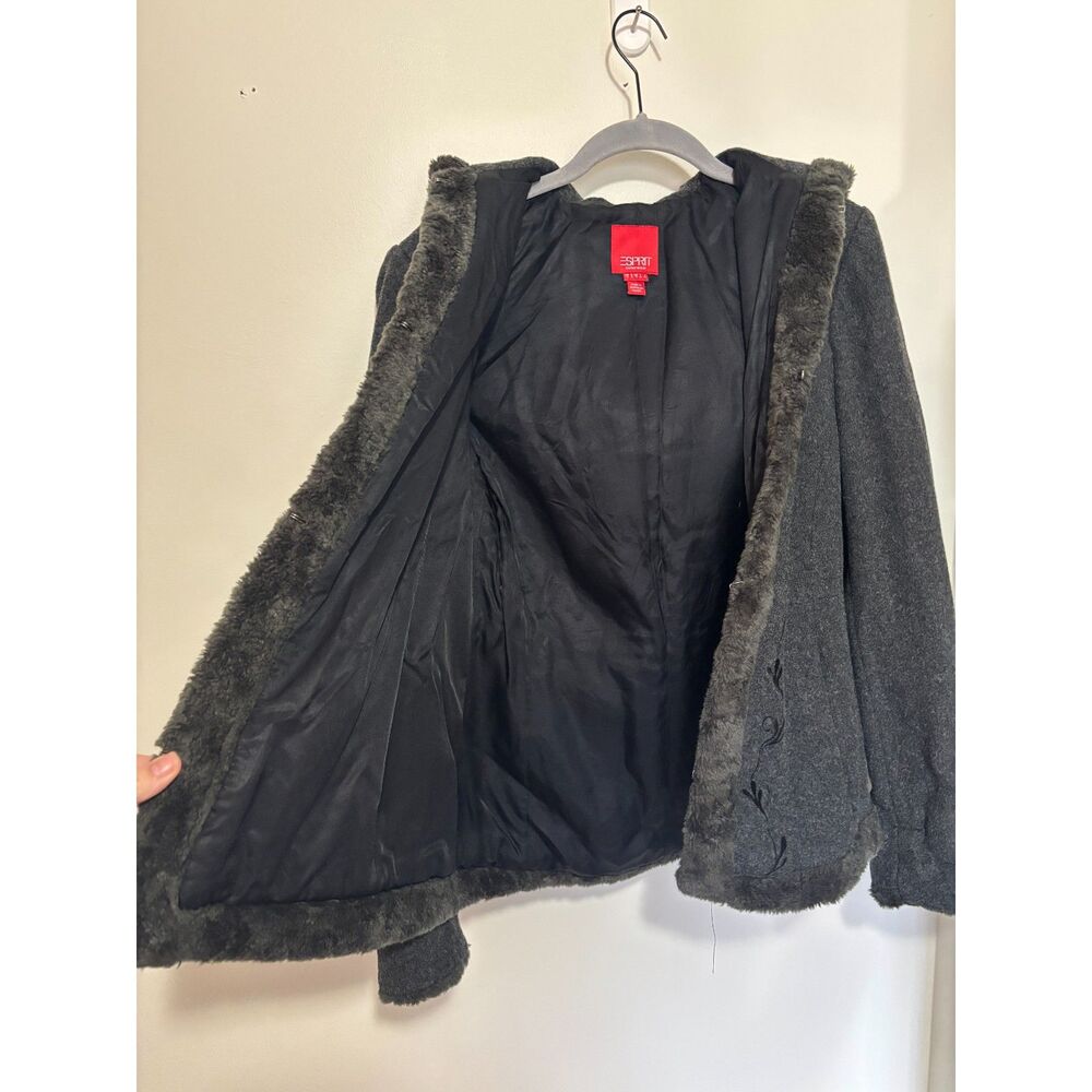 VTG Esprit Wool Coat Faux‎ Fur Trim Hooded Jacket Embroidered Dark Cottage Small - Picture 5 of 9